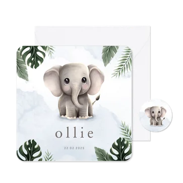 Geboortekaartje lief olifantje blauw jungle thema